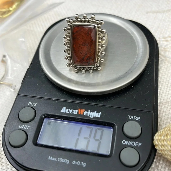 Vintage Sterling Silver Jasper Ring with Ornate Beaded Setting – Size 6.75 - Picture 12 of 14